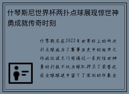 什琴斯尼世界杯两扑点球展现惊世神勇成就传奇时刻